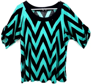 Sami & Jo Top Tunic Scoop Stretch Blue Teal Black XL Zig Zag V Pattern - Picture 1 of 8