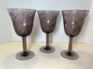 (3) Hand Blown Amethyst Wine Glasses / Goblets With Diamond Lattice Pattern - Picture 1 of 12