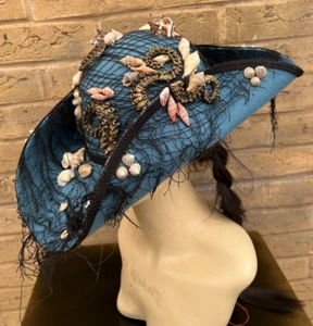 Blue Black Tricorn Pirate Hat Renaissance Wool 57cm Tentacles Net Shells (45) - Picture 1 of 10