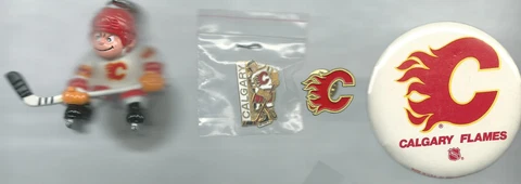 NHL Calgary Flames 2 Pin/1 Button/1 Lil Brat Keychain Lot 1990's OOP Cover