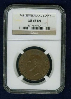 NEW ZEALAND GEORGE VI 1941 PENNY COIN, CHOICE UNCIRCULATED CERTIFIED NGC MS63-BN - Image 1 of 4