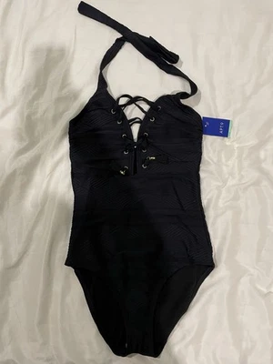 Traje de baño Apt 9 negro con cordones halter de una pieza talla mediana Foto 1 de 4