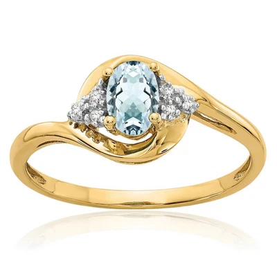 14K Solid Yellow Gold Aquamarine Diamond Ring - Image 1 of 4