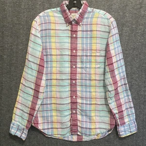 J Crew Shirt Mens Medium Plaid Irish Linen Baird McNutt Slim Fit Preppy Coastal - Picture 1 of 8