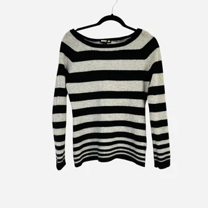 C&C California 100% Cashmere Sweater Large Black Gray Striped Soft Knit Mint! - Picture 1 of 7