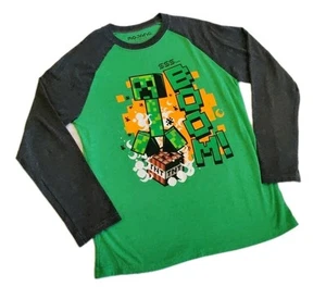 Minecraft Long Sleeve Shirt Boys Large Youth Mojang Green Black Raglan T-shirt - Picture 1 of 4