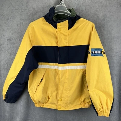 Nautica Jacket Adult Medium Yellow Navy Green Reversible Hidden Hood Snap Zip - Image 1 of 4