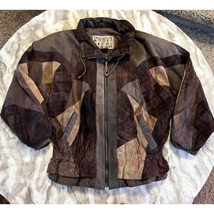 Abrigo De Colección Años 80 Patchwork Negro Marrón Cuero Izzi Gamuza De Gran Tamaño - Imagen 1 de 10
