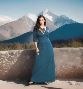 Kiyonna Dress Maxi 3X Teal Blue Green Desert Rain Style Empire Waist Slimming - Picture 1 of 5