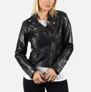 Moda International Black Genuine Leather Motorcycle Jacket Rugged Womens Size XS - Picture 1 of 9