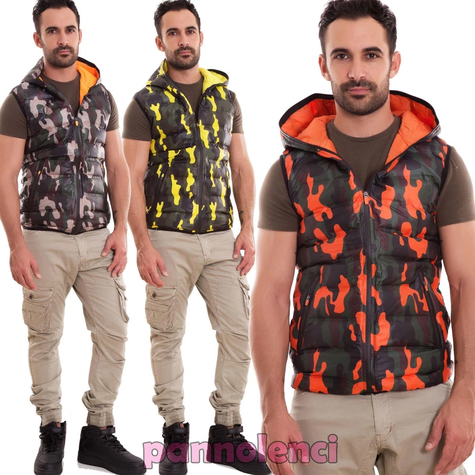 Piumino uomo smanicato bomber imbottito cappuccio mimetico gilet nuovo BX5048 - Immagine 1 di 1