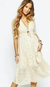 $168 Vestido Free People Mountain Laurel Encaje Crochet Beige Almendra Marfil 4 S Nuevo con Etiquetas - Imagen 1 de 12