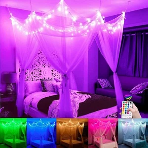 White Bed Canopy with Star Lights Girls Bedroom, 8 Corners Post Hanging Princess - Picture 1 of 7