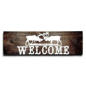 Welcome Sign Wood Plaque Barn Wood Wall Decor Elk Moose Farmhouse Large Hanging - Picture 1 of 6