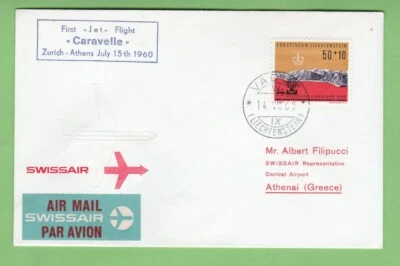 Swissair Zurich Athens 1960 First Jet Flight Caravelle cover Liechtenstein FFC - Image 1 of 2