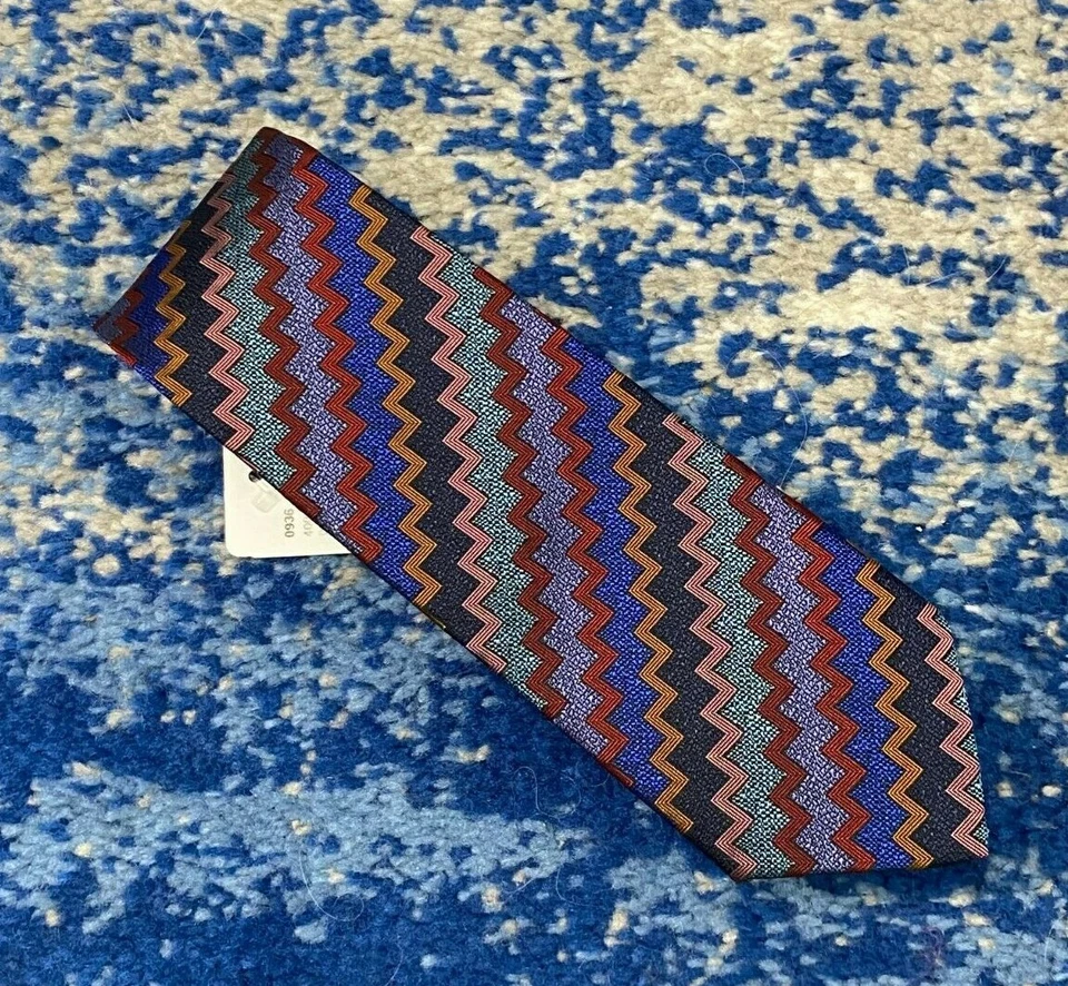 NEW Missoni Bias Sawtooth Red Copper Aqua Blue Pink Navy Lavender Slim Necktie  - Image 1 of 4