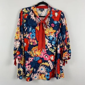 Modcloth Floral Blouse Size 1X Tie Neck 3/4 Tie Sleeve V Neck - Picture 1 of 10
