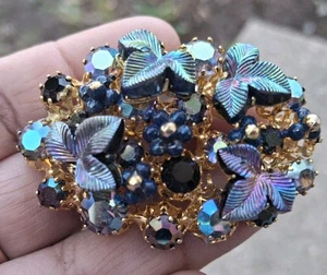 Vintage Brosche blau Farbe Strass Anstecknadel goldfarben Rückseite - Bild 1 von 7