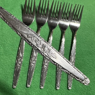 Lot of 6 Dinner Forks T&N Stylecraft SYF2 Satin Flatware Black Accented Rose - Image 1 of 4