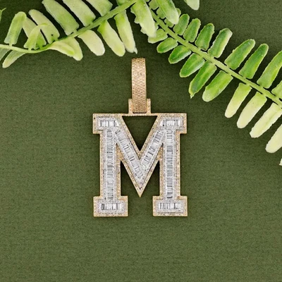 4Ct Baguette Cut Lab Created Diamond 14K Two Tone Gold Plated Letter "M" Pendant - Image 1 of 4