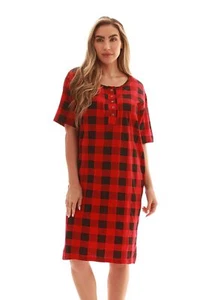 Womens 100% Cotton Short Sleeve Sleep Dress Nightgown Medium Buffalo Plaid - Picture 1 of 5