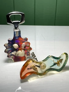 VINTAGE LUCITE RESIN CORKSCREW & BOTTLE OPENER WITH ENCASED CRAB STARFISH SHELLS - Picture 1 of 10