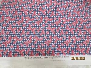 2 yds x 44 Vintage 1991 Fabric Traditions Red Watermelon on Blue Gingham Cotton - Picture 1 of 4