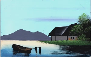 Postal vintage de casa y barco de paisaje pintado a mano B170 - Imagen 1 de 2