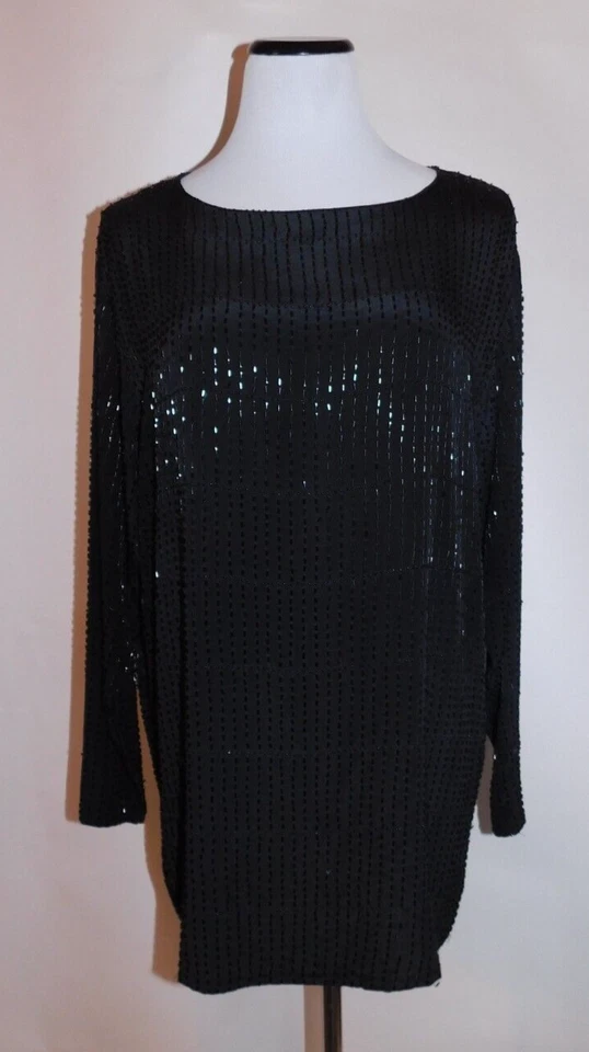 Vintage Ellen Tracy Black Silk Beaded Tunic, Size M, 1 Owner, Ca. Late 1980's - Image 1 of 4