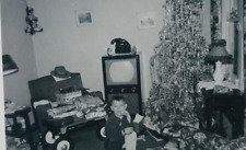 Christmas Morning Tree Toys Wagon Presents Boy Television B&W Vintage Photograph