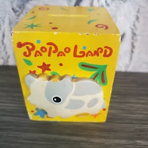 Vtg Pao Pao Land Wooden Cube Cow Coin Bank - Yellow Kitschy Rustic Unique Decor - Picture 1 of 8