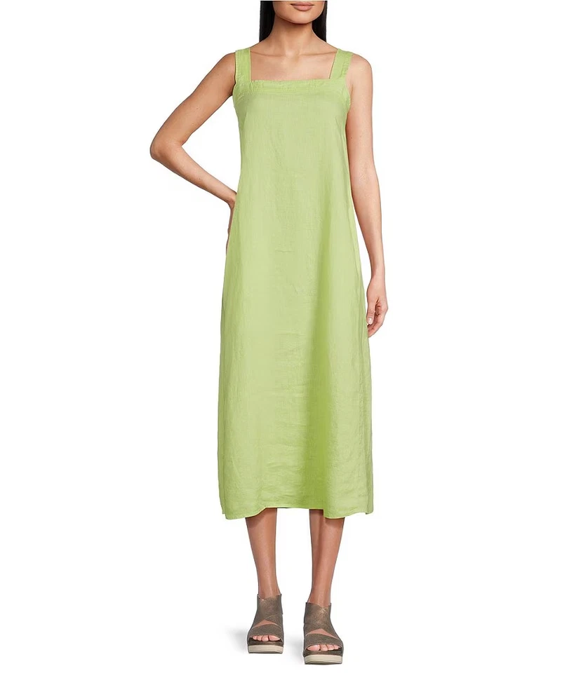 Vestido maxi Eileen Fisher novo com etiquetas $258 linho orgânico gola quadrada bolso tamanho G - Imagem 1 de 1
