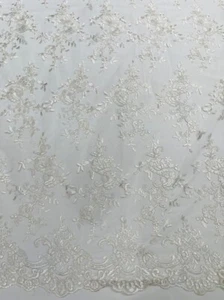 Elfenbein Kordel bestickt Blumen auf einem Netz Spitze Stoff-Abschlussball-Meterware. - Bild 1 von 3