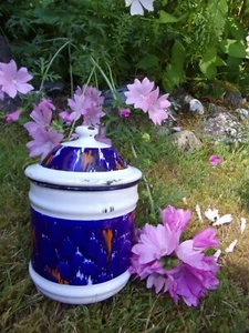 seltene antike Emailleware Muster Kanister blau weiß orange Pinselstrich 7 1/2" - Bild 1 von 12