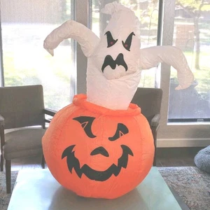 Halloween Gemmy 4' beleuchteter Geist Kürbis luftgeblasen aufblasbar nicht mehr produziert drinnen - Bild 1 von 9