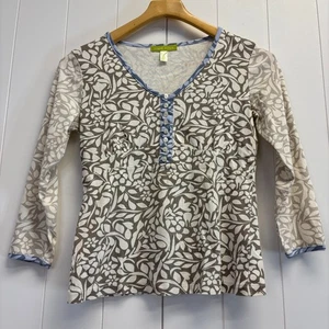 Sigrid Olsen Womens Boho Floral Baby Doll Henley Tee Sz XS Neutral Y2K Cotton - Picture 1 of 9