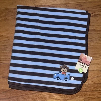 Carters NWT Baby Blanket Brown & Blue Stripes Monkey Driving Car 28” X 30” - Image 1 of 4