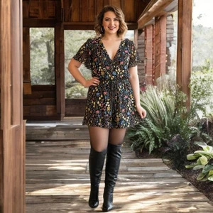 Sugarlips Curve Floral Flared Romper Multicolor Boho V-Neck Pull-On Short 1XL - Picture 1 of 11