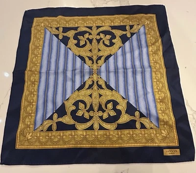 Pañuelo Lanvin Paris Bufanda Cuadrada 15" Dorado Azul Real Blanco 100% Seda Usado en Excelente Condición Foto 1 de 4