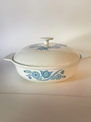 Prizer Ware Cast Iron Enamel Casserole w/ Lid 1 Qt Blue Tulips Handles (S44) - Image 1 of 4