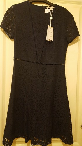 Nuovo con etichette Michael Kors bellissimo abito in vero pizzo Yala Navy taglia UK 14