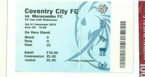 Ticket Stub Coventry V Morecambe FA Cup 1. Dezember 2012 - Bild 1 von 1