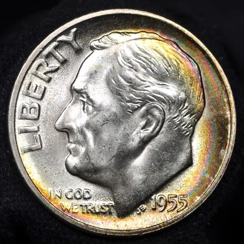 1955-S Roosevelt Dime -- Lustrous Gem BU with Rainbow Toning Cover