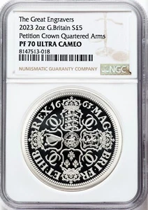 2023 GB Silver 2oz £5 NGC PR70 Ultra Cameo Petition Crown Great Engravers - Picture 1 of 3