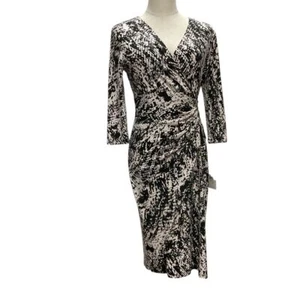 Calvin Klein Animal Print Faux Wrap Dress Ruched Size Beige Black Size 4 NWT - Picture 1 of 16