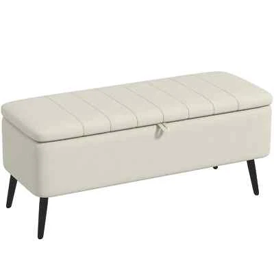 Storage Ottoman Linen Fabric Flip Top Bench Cushioned Seat Cream White - Image 1 of 4