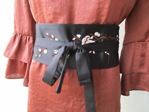 Black obi belt wide obi style tie New cherry blossom embroidered