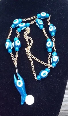Colar antigo de vidro de Murano 'EVIL EYE' AMULETO 30" pingente de moeda de peixe TALISMÃ - Imagem 1 de 4