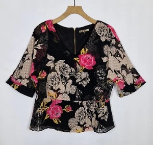 BIBA SCHWARZ BUNT BLUMEN STRUKTUR PUNKTE LAGENLOOK LOGO BLUSE GRÖSSE 10 - Bild 1 von 12