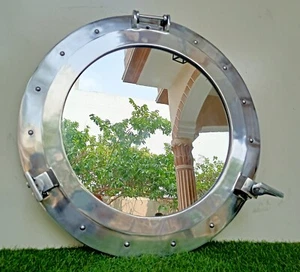 Nautical Silver Finish Porthole Mirror 24" Maritime Ship Round Window Wall Décor - Picture 1 of 9